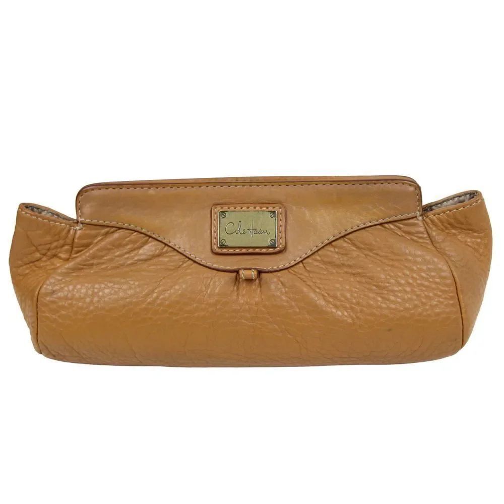 COLE HAAN BROWN GENUINE LEATHER FRAME MAGNETIC LRG CLUTCH HANDBAG PURSE